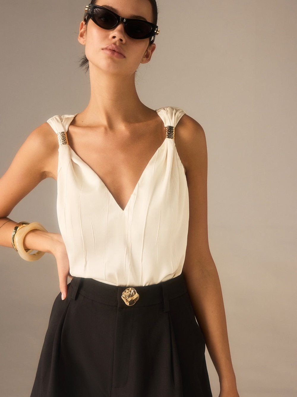 Commense Cream V-Neck Tank Top with Embellished Shoulder Rings